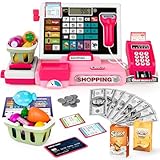 2025 Kinderkasse Registrierkasse Spielzeug Lernspielzeug Set, Geschenk für Kasse Kinder, Kleinkind Prentend Play mit kaufladen zubehör, Taschenrechner Registrierkasse mit Scanner/Kreditkarte(Rosa)