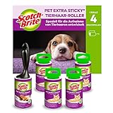 Scotch-Brite Pet Extra Sticky Fusselrolle für Tierhaare, 48 Blatt, 5 Rollen mit 1 Abroller, 240 Blatt pro Packung - Extra Klebrige Fusselrolle für Kleidung, Haare, Katzenhaare, Hundehaare