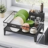 SONGMICS Abtropfgestell Geschirr, Geschirr-Abtropfständer, 360° drehbarer und ausziehbarer Ablauf, Abtropfschale, Besteckhalter, Küche, 31 x 42 x 18,5 cm, tintenschwarz KCS550B01