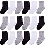 Duufin 18 Paar Kleinkinder Crew-Socken Kleine Kids Socken Kindersocken Solid Crew Socken Kinder Jungen Mädchen, Schwarz Weiß Grau, 1-2 Jahre