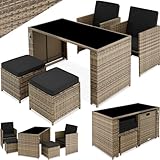 tectake Poly Rattan Sitzgruppe, 5- teiliges Lounge Gartenmöbel Set mit Tisch, Sessel & Hocker, Essgruppe für bis zu 4 Personen, Garten und Balkon Möbel inkl. Polster - Natur