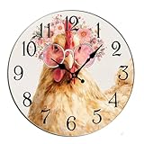 Horienteeon Spring Chick Wanduhr Bauernhof Huhn Tier Blumen Holz dekorativ nicht tickend leise Quarz Schlafzimmer Wohnzimmer Büro Fitnessstudio Küche Badezimmer Terrasse Dekor Uhren rund 25,4 cm