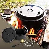 BBQ#BOSS Dutch Oven Set BBQ 9 Liter, Eingebrannter Feuertopf aus Gusseisen, Kochtopf mit Deckelheber und Edelstahluntersetzer, Schmortopf mit Schlitz für Themormeter, Grilltopf für Outdoor & Indoor