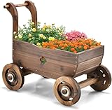 FANTASK Holz Blumenwagen mit Rädern und Griff, Pflanzwagen mit Abflussloch, Rustikaler Pflanzkarre für Garten Terrasse, Pflanztopf Bollerwagen, Schubkarre Gartendeko, Pflanzkasten