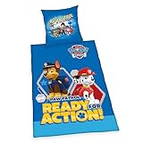 Herding Bettwäsche-Set, Paw Patrol, Kopfkissenbezug 80 x 80 cm mit Knöpfen und Wende-Motiv, Bettbezug 135 x 200 cm, Mit Knopfverschluss, 100% Baumwolle/Linon