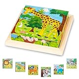 Bilderwürfel Holz, Holzpuzzle 3D Würfelpuzzle Puzzlespiele 6 in 1 Tier-Motive für Kinder ab 1 2 3 Jahre, Montessori Lernspielzeug Geschenk für Jungen und Mädchen