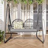 DRIXNO Gartenschaukel, Hollywoodschaukel mit Rückenlehne, Gartenmöbel-Set für den Außenbereich,Doppelschaukel aus PE-Rattan, 2 Sitze, Dunkelgrauer Sitzrahmen und Kissen