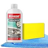 BRESTOL® Chrompolitur 250 ml - Chromreiniger & Chrompflege, Hochglanz für Chromflächen, pflegt angelaufene Stellen - Entfernt Korrosion, Ablagerungen und Verunreinigungen – 1x Schwamm & 1x Poliertuch