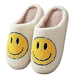 Meik Mangni Hausschuhe mit Fröhliches Gesicht Damen Herren Weicher Plüsch Hausschuhe Frauen Bequeme Warme Pantoffeln Trendiger Slipper,Gelb Gr.36-37 EU/Sohlengröße 38-39