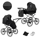 KUNERT Kinderwagen ROMANTIC retro Sportwagen Babywagen Autositz Babyschale Komplettset Kinder Wagen Set 2 in 1 und 3 in 1 (schwarz eco- schwarz rahmen, 2in1)