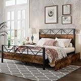 BXEYXE Metallbett. Vintage-Holzfarben. Zwei Schubladen mit Rollen. Heranwachsende und Erwachsene. Metallrahmen. Flachbetten. Metall+MDF. Schwarz + Walnuss. 140x200cm