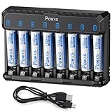 POWXS Akku Ladegerät mit 8 x 1100mAh NI-MH Wiederaufladbaren Micro AAA Batterien, Batterieladegerät für Lithium NiMH NICD AA AAA Akkus 8-Fach Schnellladegeräte