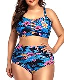 Daci Zweiteiliger Damen-Bikini, Übergröße, hohe Taille, Bauchkontrolle, Bandeau-Badeanzug, Schnürung, Blau und Blume, XX-Large
