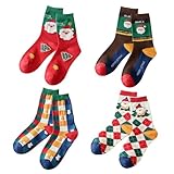 DUEYN Weihnachtssocken für Herren und Damen, Baumwolle, Crew-Socken mit Weihnachtsmann-Muster, Weihnachtsgeschenk, 4 Stück, Mehrfarbig/Meereswellen (Ocean Tides), Einheitsgröße