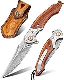 LOTHAR TUNA Damast Klappmesser, Taschenmesser aus 67 Lagen VG10 Damaststahl, Einhandmesser Mit Scharfer Klinge und Rosenholzgriff, Gürtelclip, für Sammlung oder Geschenk