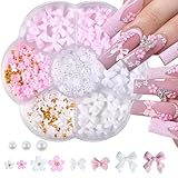 Nail Charms, Blumen Nagel Charms 3D Rosa Bogen Nail Art Dekoration,3D Acryl Blumen Nail Gems mit weißen Halbperlen für Frauen Acryl Nagel