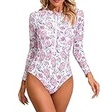 CHICTRY Damen Bademode Hawaii Langarm Einteiliger Badeanzug Reißverschluss High Neck Sportlich Surfanzug Tauchen Monokini One Piece Swimsuit Weiß L