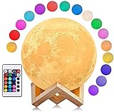 AGM LED Mondlampe 16 Farben Nachtlicht Stimmungslicht mit Fernbedienung und Touch-Steuerung Dimmbar Mondlamp Ø15 cm 3D Druck mit Holzhalterung für Schlafzimmer Café Bar Esszimmer