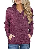 iWoo Damen Casual Stehkragen Sweatshirt Langarm Quarter Reißverschluss Pullover Tops mit Taschen Weinrot XXL