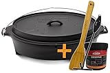 Grillfürst Flacher Dutch Oven ca. 6,5 Liter - hitzebeständiger Gusseisen Topf, speziell entwickelte T-Füße, Deckel als Pfanne nutzbar, oval, DO 6,5 inkl. Deckelheber, Pflegepaste und Holzlöffel