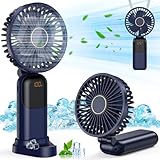 Handventilator, Tragbarer Leise Mini Ventilator, Wiederaufladbar USB Ventilator, Klein Taschenventilator Mit 5 Geschwindigkeitsstufen Digitalanzeige, Faltbarer Hand ventilatoren für Büro, Reisen(blau)