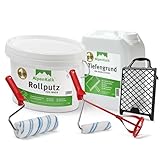 AlpenKalk Starter-Set I Rauer Rollputz Innen 7 kg + Tiefengrund 2,5 l für ca. 12m² I 1,0 mm Körnung I Inkl. 18 & 10cm Spezialrollen, 21 x 25cm Abstreifgitter & Quirl I Atmungsaktiv & schimmelhemmend