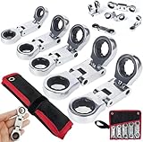 Dual-Drive Nano Flex-Head Taschenratsche, 5er-Pack kurze Schraubenschlüssel-Set, Doppel-Ratschenringschlüssel 8-19mm, 180° winkelverstellbar schraubenschlüssel für schmale Räume