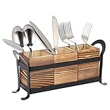 SUMNACON 3-teiliges Besteckkasten Holz Metall Besteckkorb Besteckhalter Utensilienhalter Holzbesteck Metallgestell Löffelhalter Töpferware Organizer Arbeitsplatte Küchentisch Schrank Küche Braun