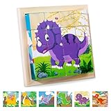 SPHERETRON Würfelpuzzle Holz Holzpuzzle 3D Würfelpuzzle Dinosaurier Puzzlespiele 6 in 1 Tier-Motive Montessori Lernspielzeug Holzspielzeug Geschenk Spielzeug für Kinder ab 1 2 3 Jahre