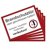 5 Stück Brandschutztür Premium Aufkleber A4 | 21 x 29,7cm DIN 4066 verkeilen, verstellen, festbinden oder ähnliches verboten Warnhinweis mit UV Schutz für Außen-und Innenbereich