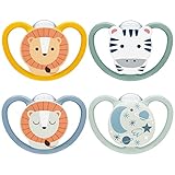 NUK Space Day & Night Babyschnuller | 6-18 Monate | Im Dunkeln leuchtende Schnuller mit zusätzlichen Öffnungen für sensible Haut | BPA-freies Silikon | Zebra & Löwe | 4 Stück