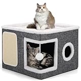 Faltbares Katzenhaus Indoor für Große Katzen, 43L x 43B x 32H cm Katzenhöhle Mit Kratzbrett und Spielball, 2 Schicht Katzen Würfel für Kleine und Mittlere Haustiere