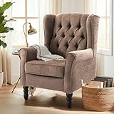 COLAMY Mid-Century Modern Sessel Wohnzimmer, Gepolsterter Wingback-Sessel mit Knopfsteppung, loungesessel Bezug aus Gewebe mit Massivholzbeinen für Wohnzimmer, Büro, Café - Braun