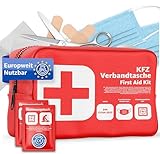 Verbandstasche KFZ Norm 2026 mit Beatmungstücher - Verbandskasten Auto - DIN13164:2022 - Erste Hilfe Set - Verbandskasten StVO konform (Rot)