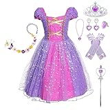 Pollen Prinzessin Kleid Mädchen, Prinzessin Kostüm Kinder Kleid 7-teiliges Set mit Krone Diadem Handschuhe Zauberstab usw für Hochzeit Cosplay Karneval Hochzeit Geburtstagsfeier-110