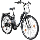 ZÜNDAPP E Bike Damen City 28 Zoll | Elektro Fahrrad für 160-185 cm | 6 Gang Ebike V-Brakes | E-Bike Elektrofahrrad mit Beleuchtung | Retro Hollandrad Z505 (schwarz/blau mit Faltschloss, 48 cm)