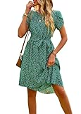 IFFEI Sommerkleid Damen Leicht Boho Blumenkleider Kurz Rüschen Strandkleid mit Gürtel Grün S