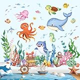 wondever Wandtattoo Unter dem Meer Fisch Wandaufkleber Ozean Wale Oktopus Seetang Gras Wandsticker Wanddeko für Babyzimmer Kinderzimmer Badezimmer