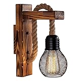 YUNYODA Industrielle Holz Eisen Hanf Seil Wandleuchte, kreative Persönlichkeit Lift Riemenscheibe Wandleuchten Leuchte Vintage Retro Lampe Leuchten für Schlafzimmer Restaurant Café (ohne Glühbirne)