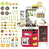 deAO Spielküche Küchenset mit Licht Ton Wasser Dampf und Küchenzubehör, 68 Stck. Kinder-Küchenspielset mit Großer Speicherschrank, Herd, Spüle, Backofen, Essen, Küche Spielzeug ab 3 Jahren (Rot)