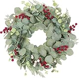 Alupssuc Künstlicher Eukalyptus-Kranz für die Haustür,51 cm/20 Zoll, Frühlings-Sommer-Ganzjahreskranz,rote Beeren,Türkranz-Dekoration für den Innen und Außenbereich, Hochzeit, Zuhause,Kamin,Grün