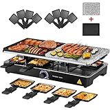 MAISON HUIS Raclette Grill 2-in-1 mit Naturgrillstein und Grill-Platte für 8 Personen, 1400 Watt, Schwarz, Modern, Antihaftbeschichtung, Edelstahl, Kunststoff
