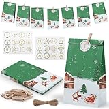 2024 Adventskalender zum Befüllen, 24 DIY Adventskalender Selber Befüllen, Weihnachtskalender zum Befüllen, Adventskalender Tüten mit Aufkleber und Holzklemme für Kinder und Erwachsene - Grün
