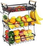 Obstkorb mit 3 Ebenen und 2 Bananen-Aufhängern für Küchenarbeitsplatte, Gemüse-Arbeitsplatte, Aufbewahrungshalter, große Kapazität, Metalldraht, Obstständer, Organizer für Zwiebel, Snack, schwarz