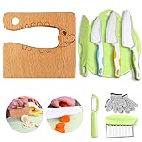 Kindermesser 9-teiliges Kinder-Küchenmesser-Set zum Schneiden und Kochen von Obst oder Gemüse für Kleinkinder, inklusive Montessori Messer, Holzmesser Schneidebrett Schäler Kinderhandschuhe(Krokodil)