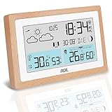 ADE Digitale Wetterstation Funk mit Außensensor | Innen- und Außentemperatur | Hygrometer, Barometer, Wettervorhersage | Lüftungsempfehlung | Funkwecker | Beleuchtung | Rahmen aus Holz