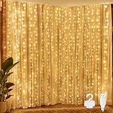 Ollny LED Lichtervorhang 2x2m, 200 LEDs Lichtervorhang innen USB warmweiß, Lichterkette innen fenster mit 10 Haken, für innen und außen Deko Weihnachten Hochzeit Party Fenster Wand Balkon