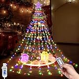 TIANHOO Weihnachtsbaum Lichterkette,USB Wasserfall Lichterkette 9 Stränge 2M 198 LEDs Lichterkette mit Topper Stern 8 Modi Wasserdichte Lichterkette mit Fernbedienung für Weihnachtsbaum Party Hof