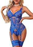 EVELIFE Dessous-Sets für Damen, sexy Spitzen-Body mit Oberschenkelmanschetten, Unterwäsche, Teddy-Babydolls mit Oberschenkel Strumpfband, ohne Strümpfe, königsblau, 38