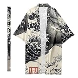 DAYKET Morgenmantel mit Gürtel – für Herren, Bademantel mit Japanischem Wellenmuster, Langes, Leichtes Nachthemd, Strickjacke,Black-5XL